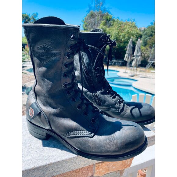 ~ Harley-Davidson 9.5 Men Motorcycle Boots Steel Toe Black Leather Zip Lace W11 - Picture 3 of 16